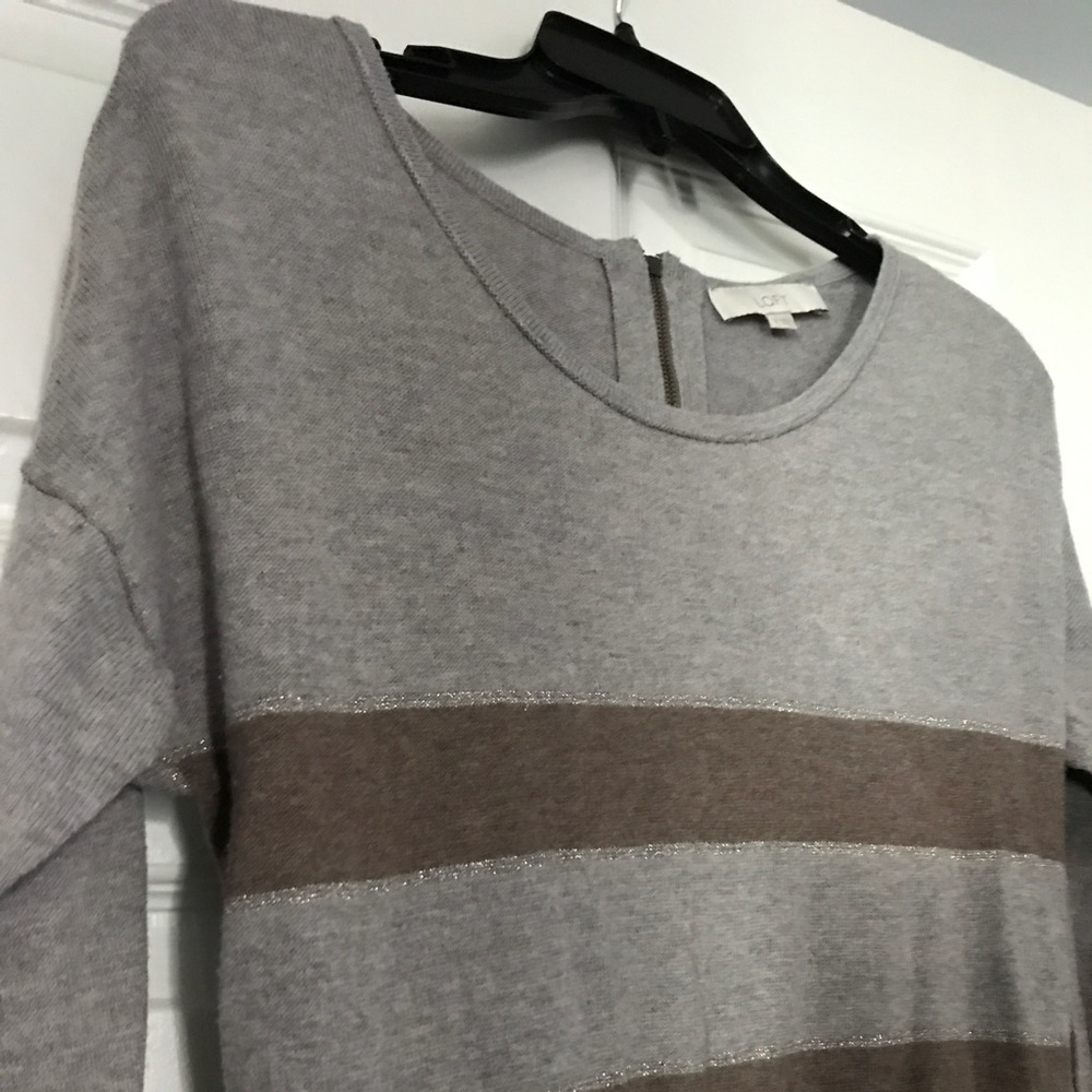 LOFT Shimmery Grey and Tan Striped Sweater